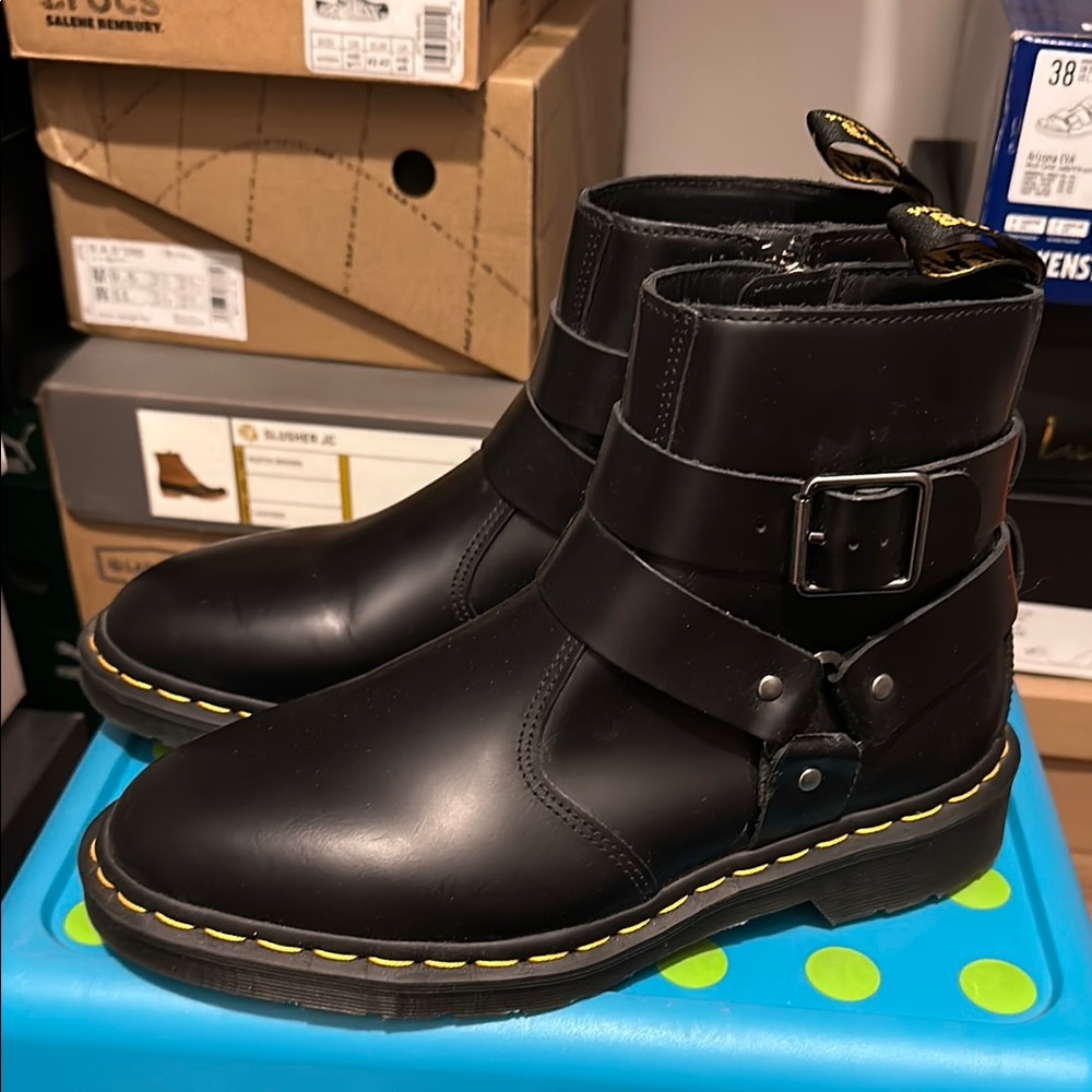 Dr. Martens Black Leather Moto Boots with Buckle